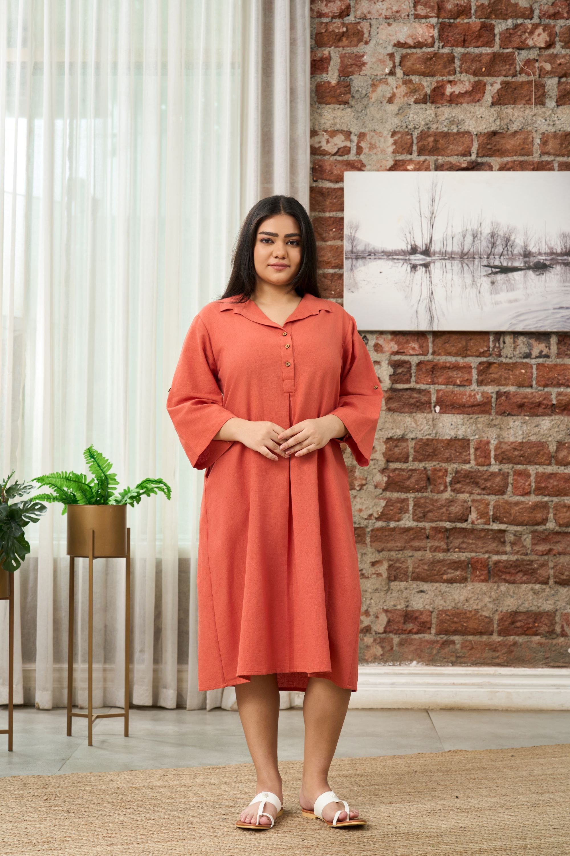 Rust Orange Mid-Length Linen Shirt Collar Dress-0