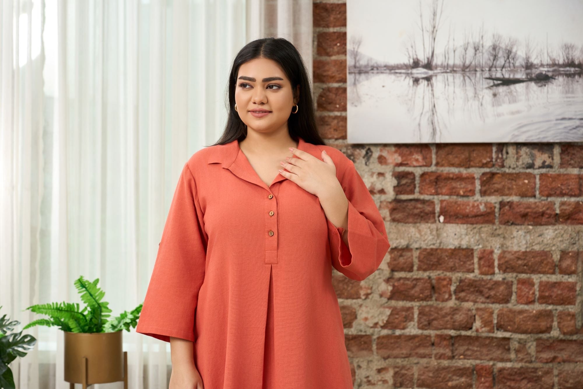 Rust Orange Mid-Length Linen Shirt Collar Dress-4