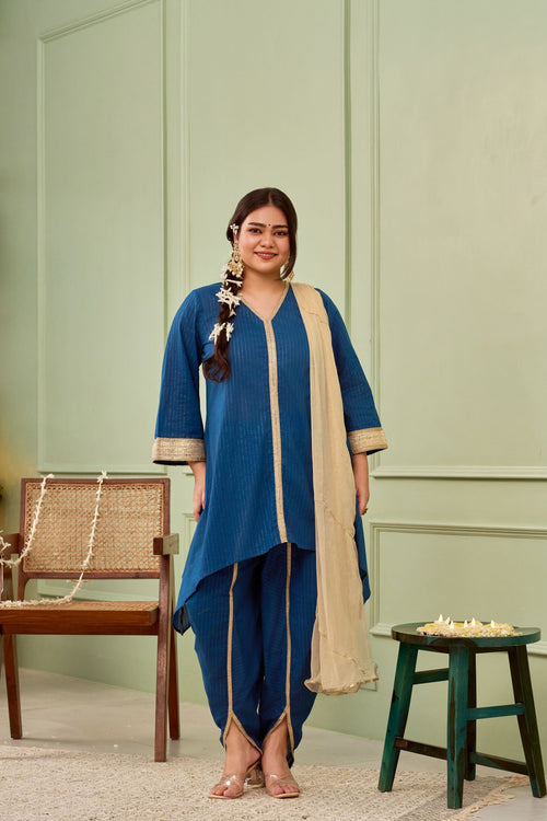 Blue Tulip Cotton Dhoti Kurta Set - (Set Of 3)-0