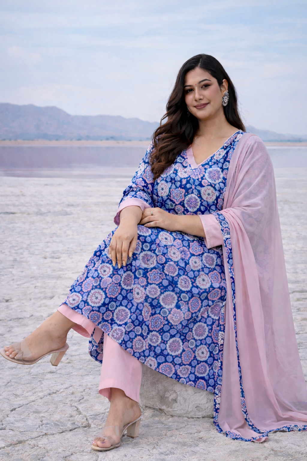 Navy Blue And Pink Contrast Kurta Suit Set (3 Pc)-1