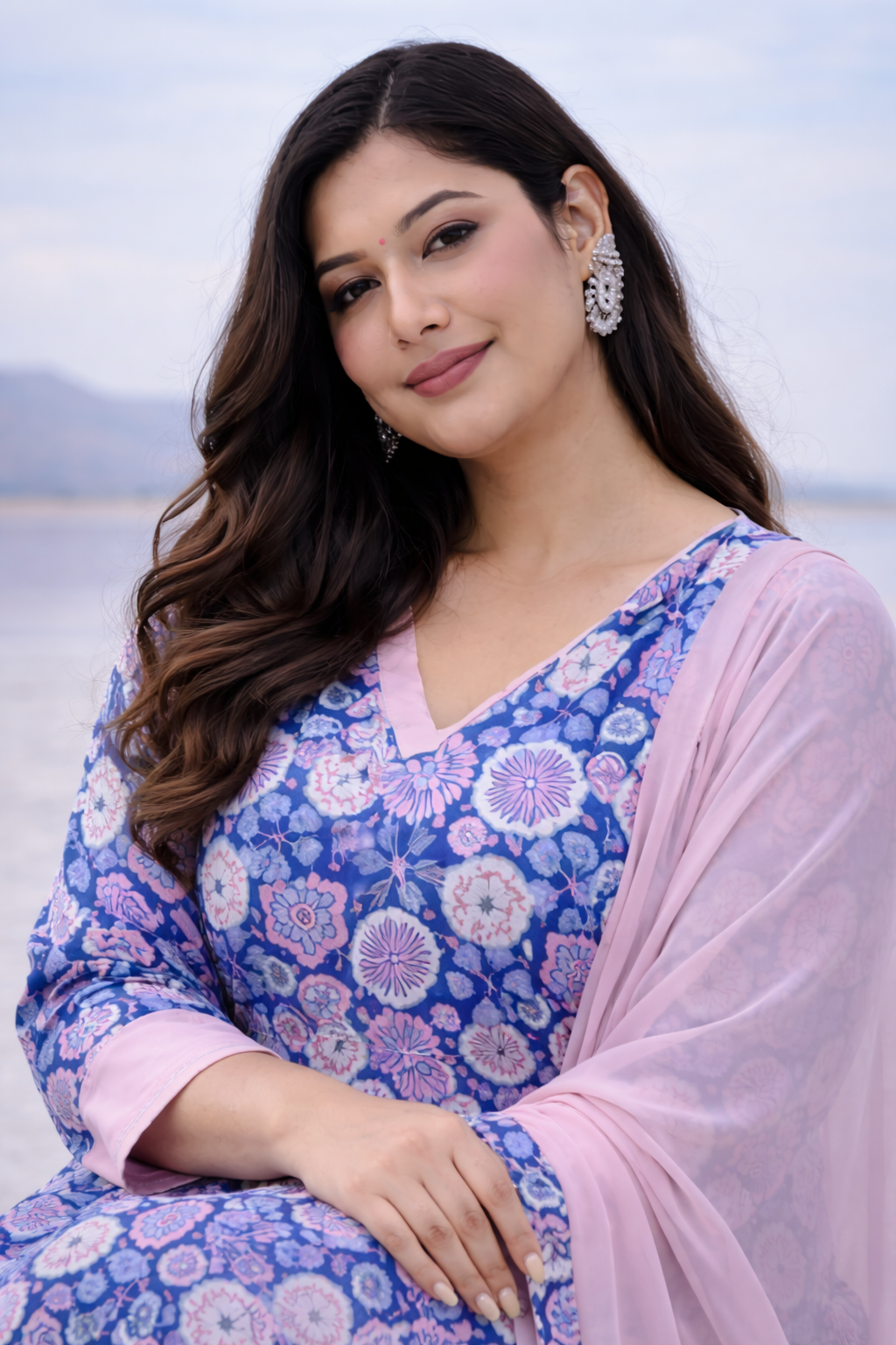 Navy Blue And Pink Contrast Kurta Suit Set (3 Pc)-3