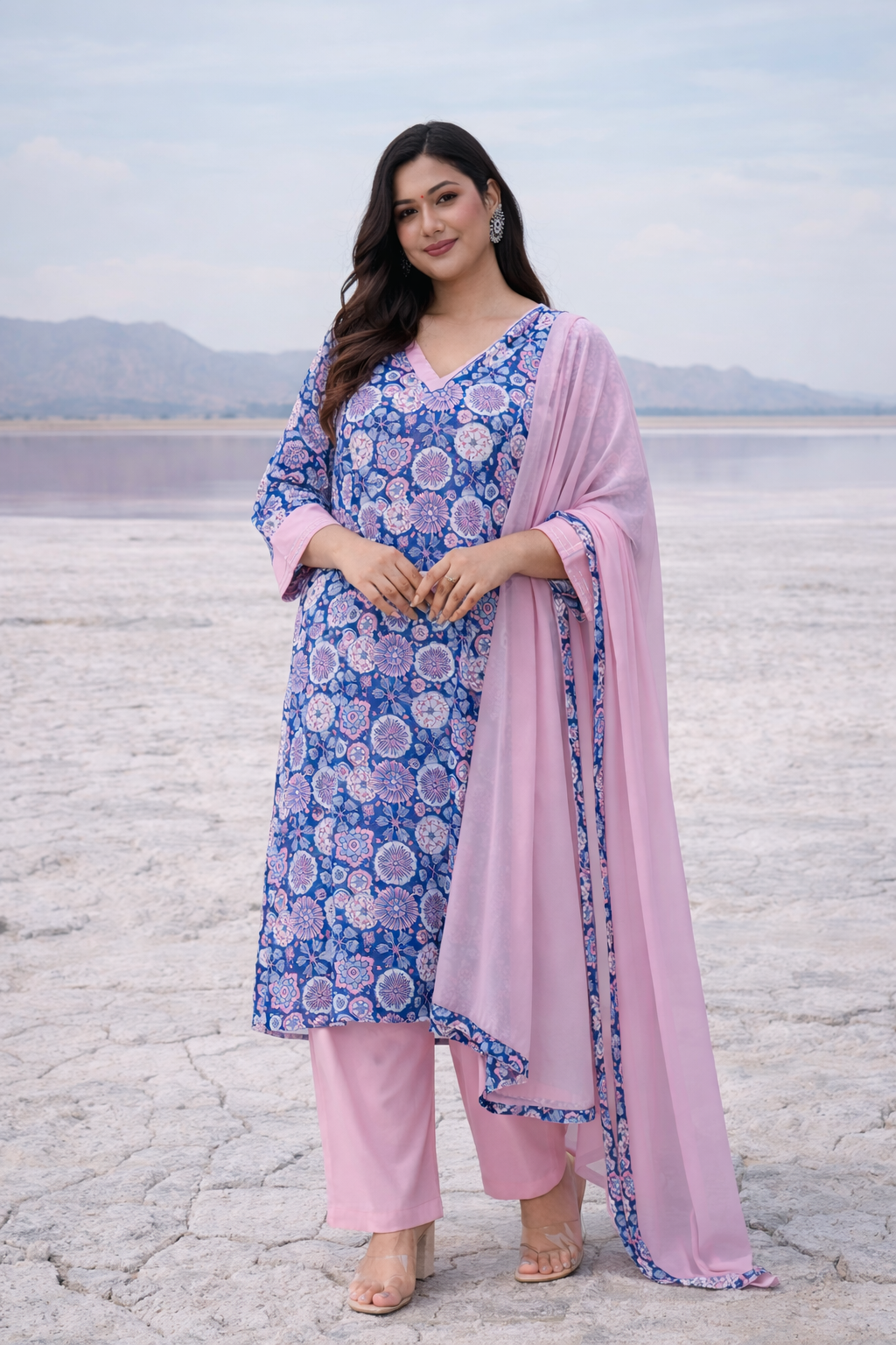Navy Blue And Pink Contrast Kurta Suit Set (3 Pc)-0