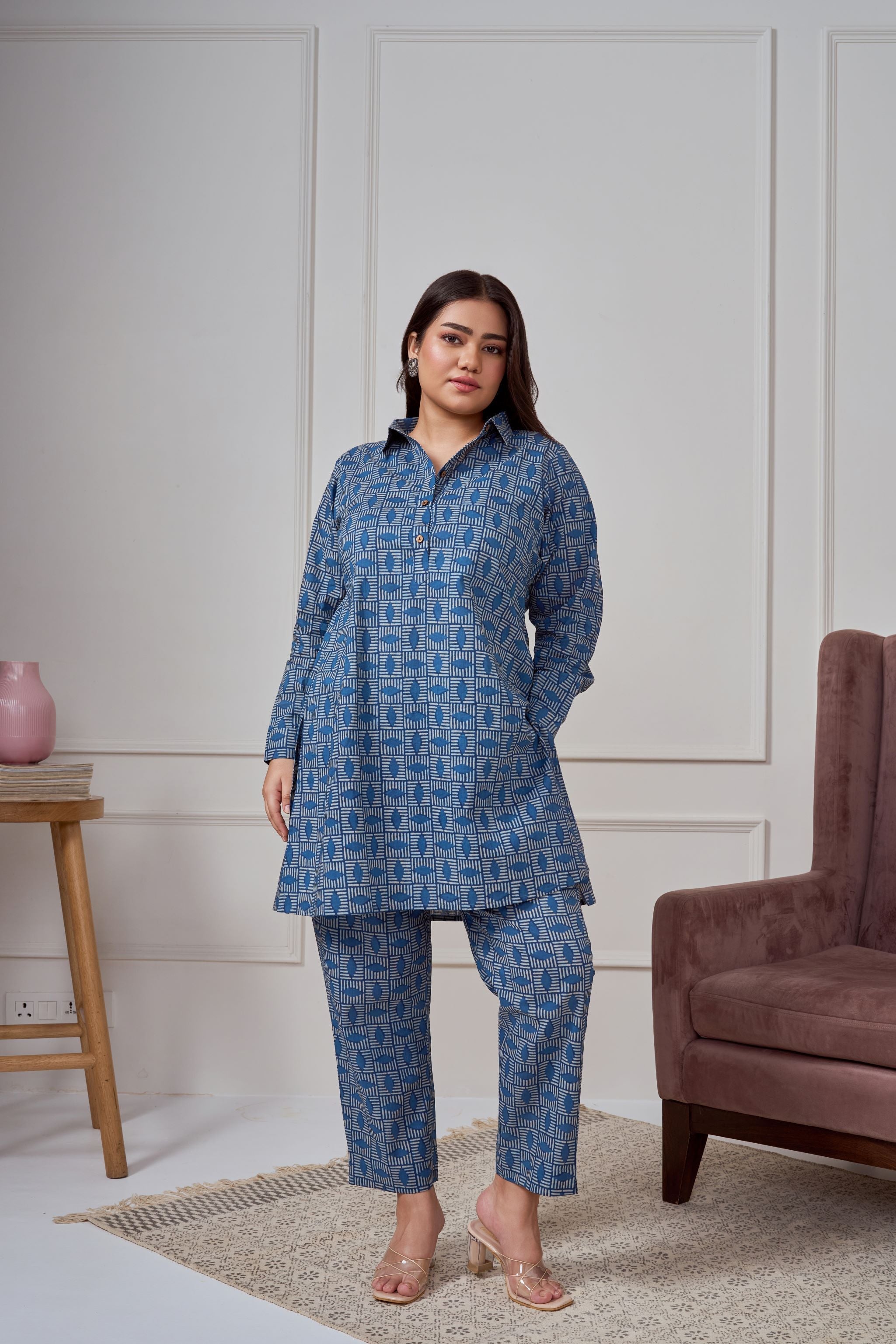 Blue Geometric Print Co-ord Set-3