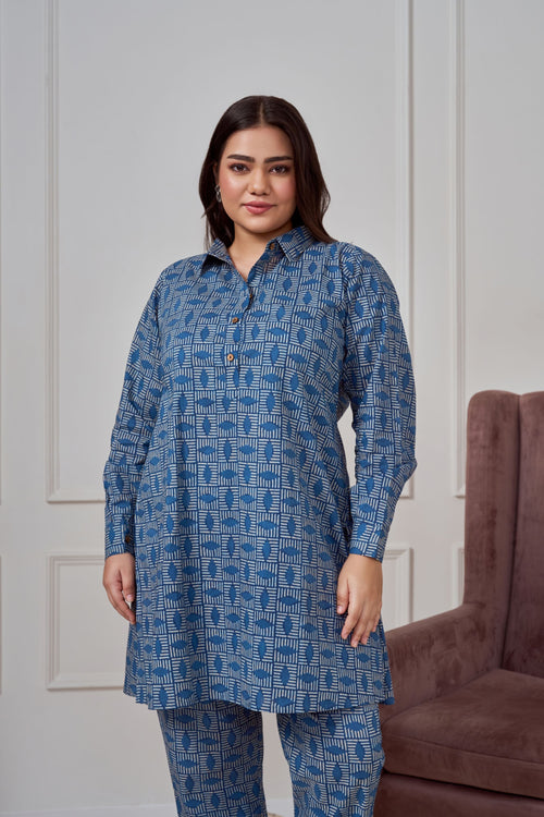 Blue Geometric Print Co-ord Set-0