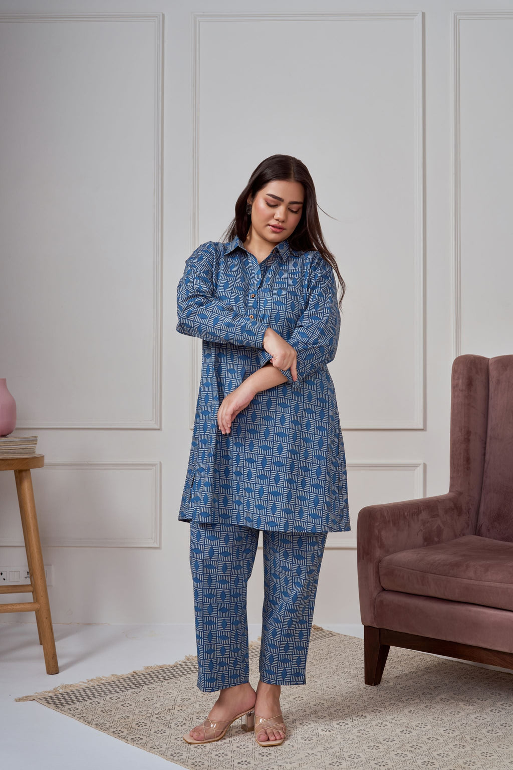 Blue Geometric Print Co-ord Set-4