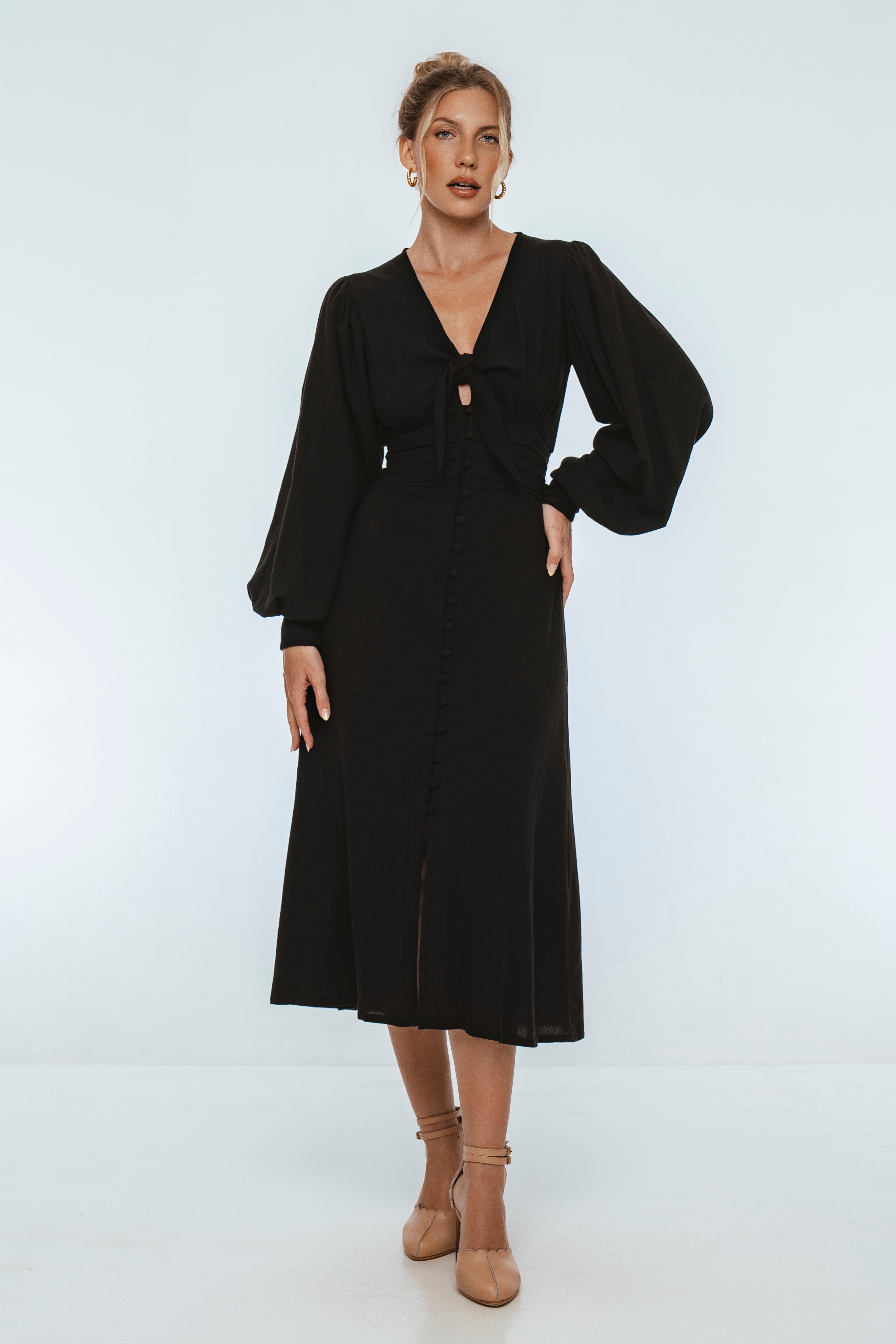 Velvet Sky Long Sleeve Linen Midi Dress
