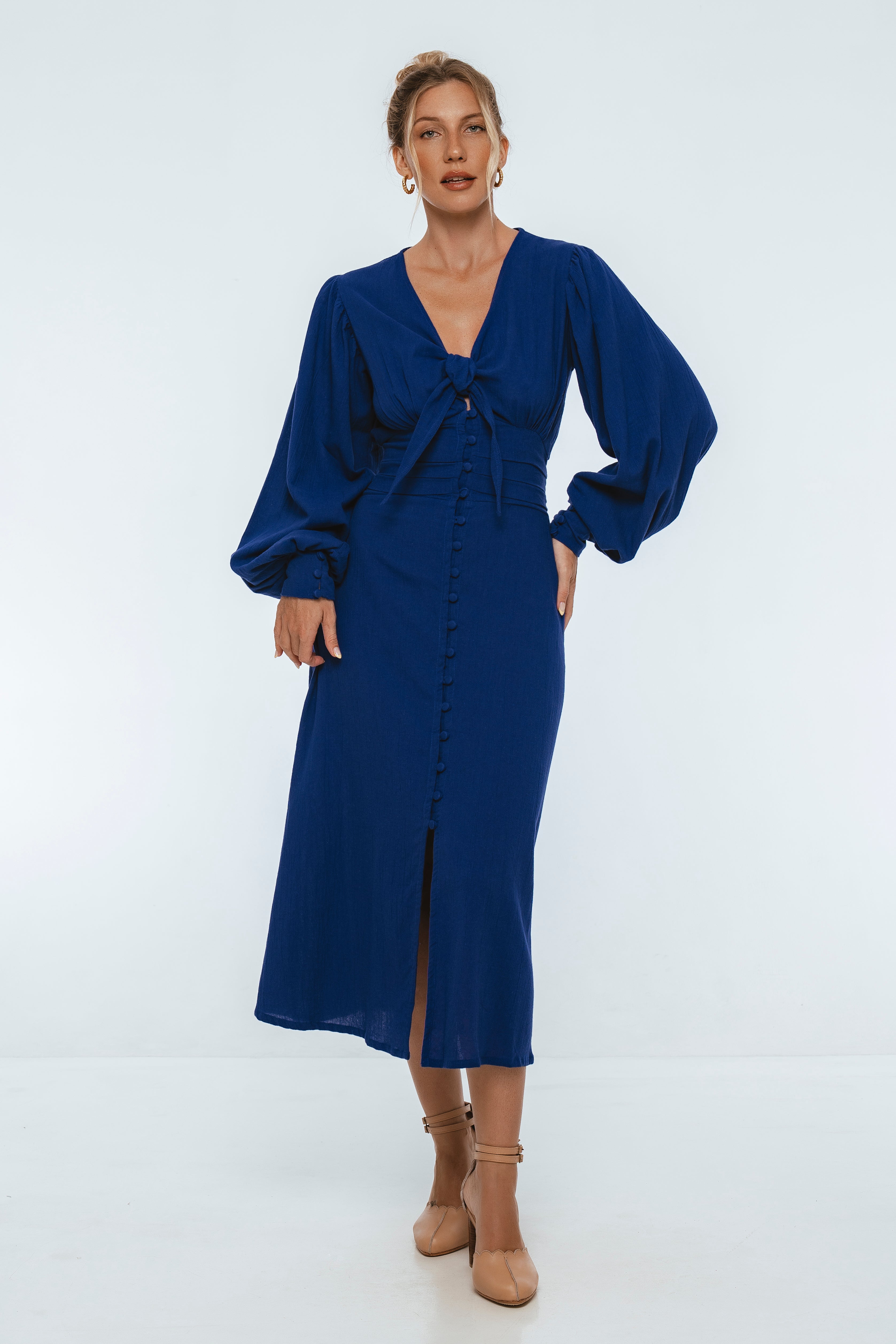 Velvet Sky Long Sleeve Linen Midi Dress