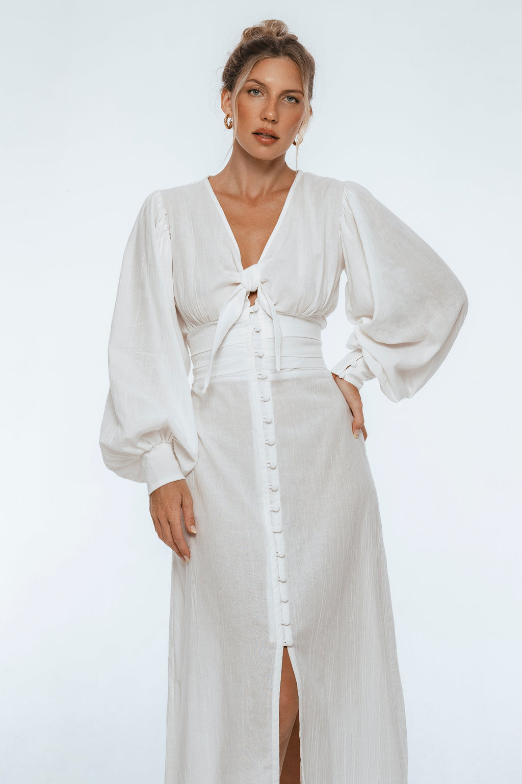 Velvet Sky Long Sleeve Linen Midi Dress